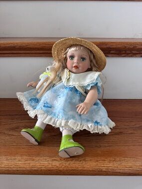 Blue Floral Dress Porcelain Doll with Straw Hat and Green Shoes